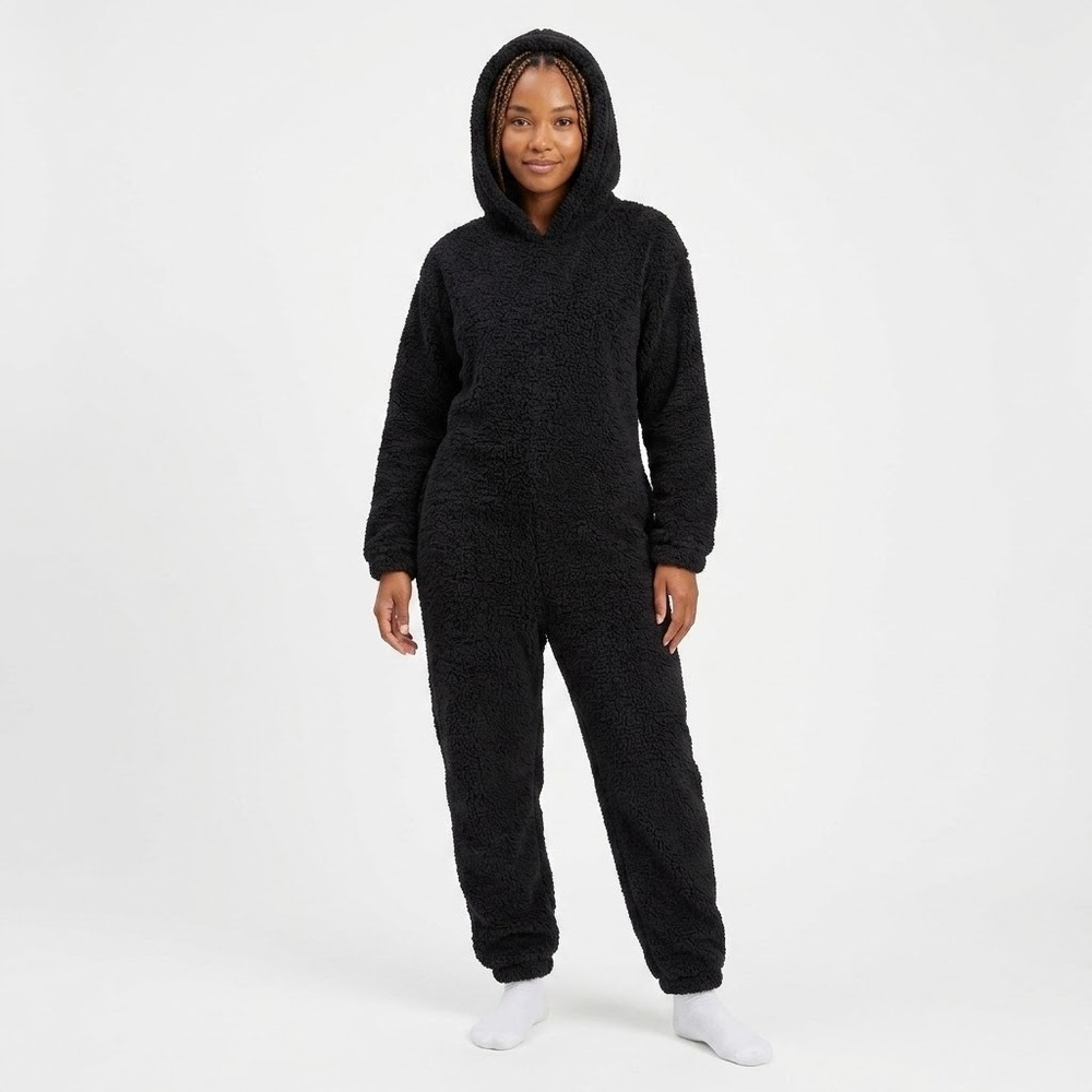 SKIMS Cozy Hooded One piece Onyx Black teddy lounge Jumpsuit Size Medium